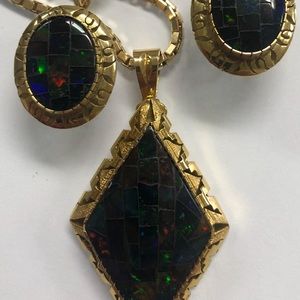 14k 48gm black mosaic black opal necklace/earrings